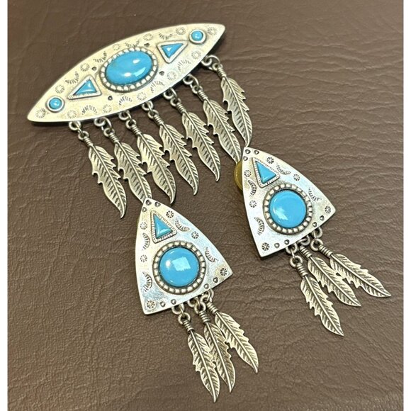 VTG JJ Southwest Dangle Feathers Jonette 1988 Faux Turquoise Brooch Earrings Set - Picture 6 of 9